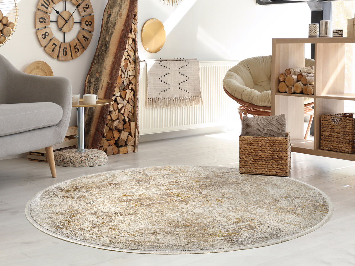 OCI Teppich BESTSELLER CAVA beige-gold Rund Vintage Designer Teppich